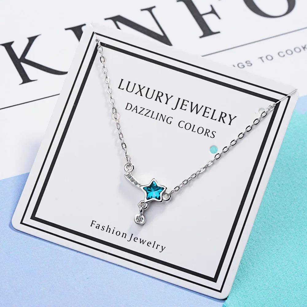 100% 925 Silver Blue Crystal Star Charm Pendant Necklace For Women Wedding Romantic Party Jewelry Choker Collar