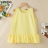 VONDA Women Summer Sleeveless Solid Color Casual Pleated Tank Tops