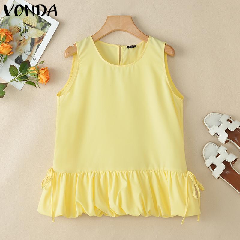 VONDA Women Summer Sleeveless Solid Color Casual Pleated Tank Tops