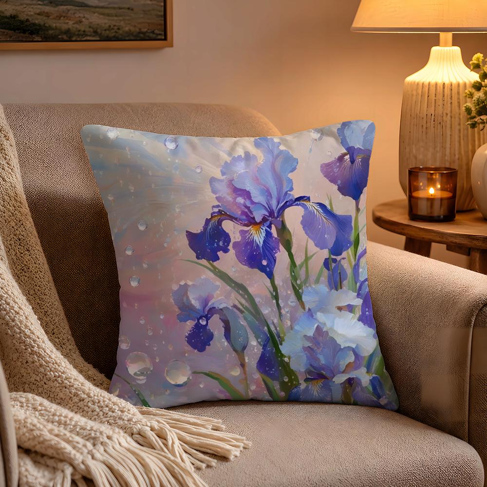 fashion Iris Pillow Case Soft Plush Cushion Cover Double Print and Invisible Zipper for Sofa Home Car Use