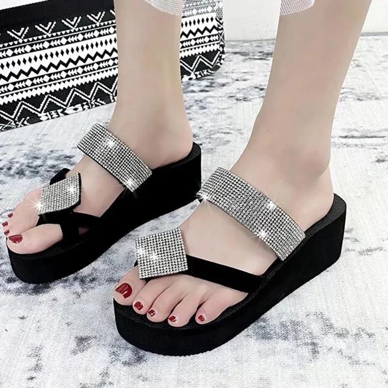 Fashion 2025 Luxury Design Bling Flip Flops for Woman Thick Bottom Clip-Toe Wedges Slippers Women Summer Outdoor Slip-On Slides Mujer
