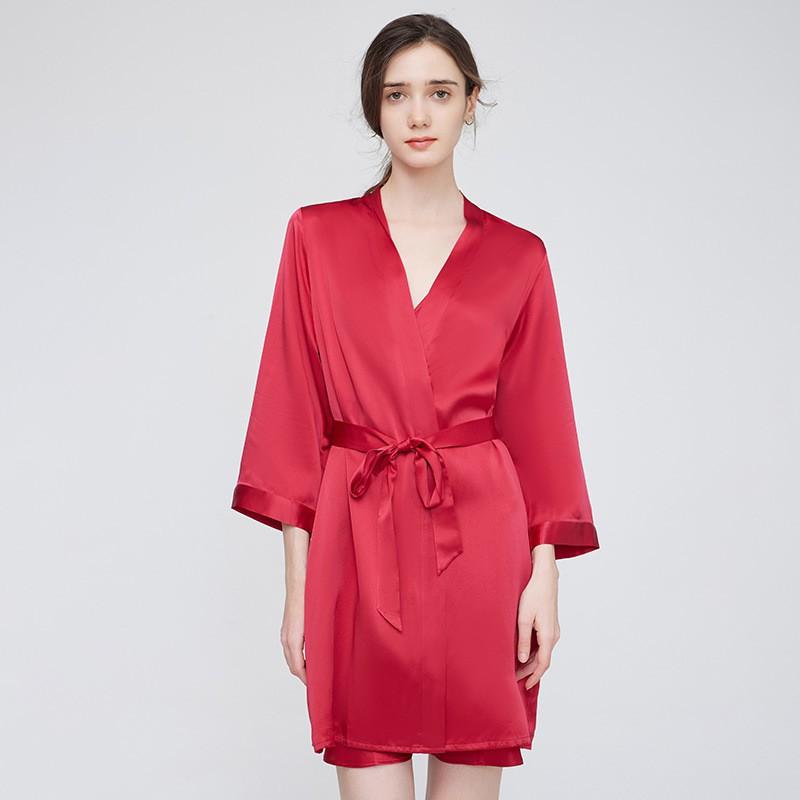 19mm Heavyweight 100% Pure Mulberry Silk Robe Set Women Red Wedding Morning Gown French Style Loungewear