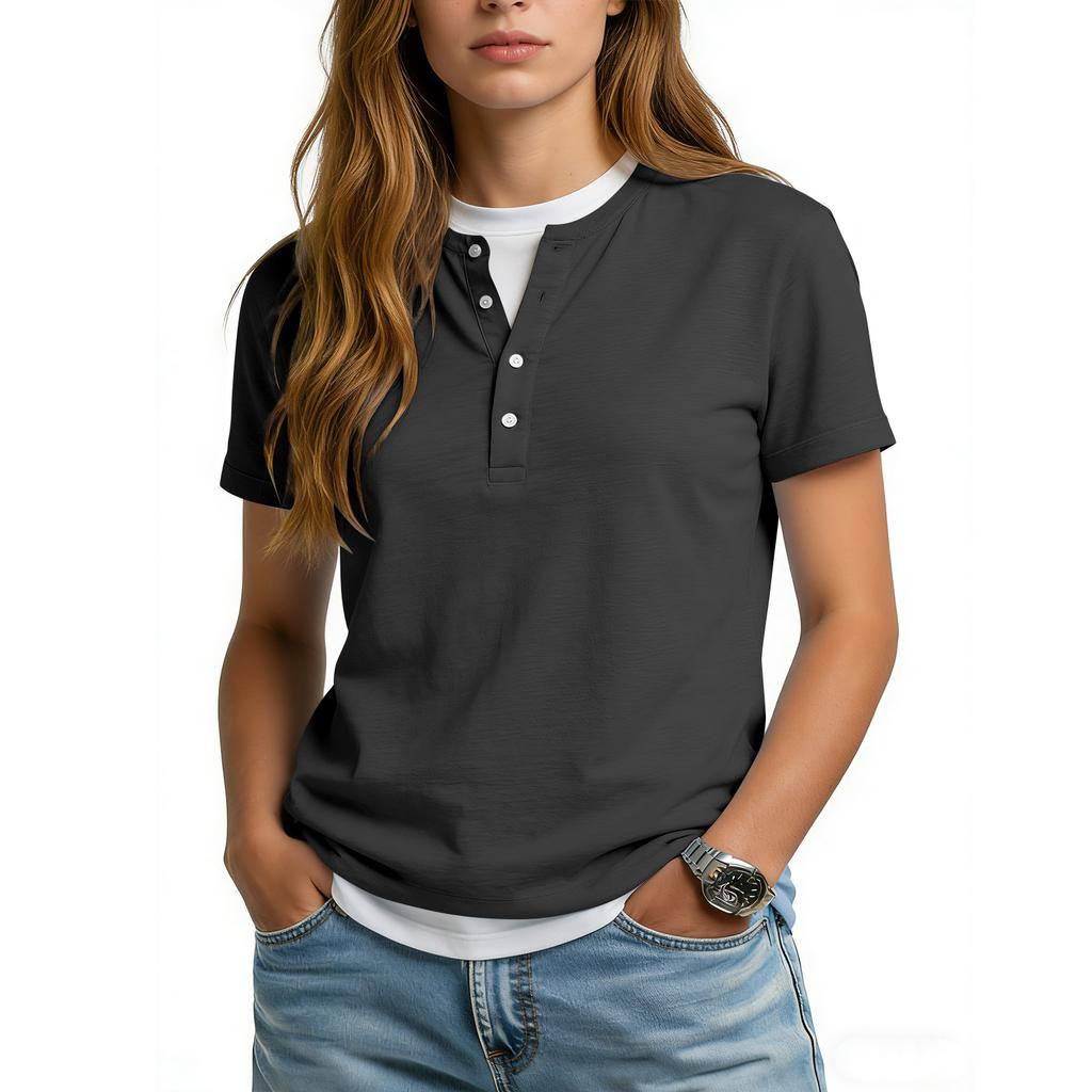 Women's Casual Color V,neck Short,sleeved T,shirt With Decorative Buttons.