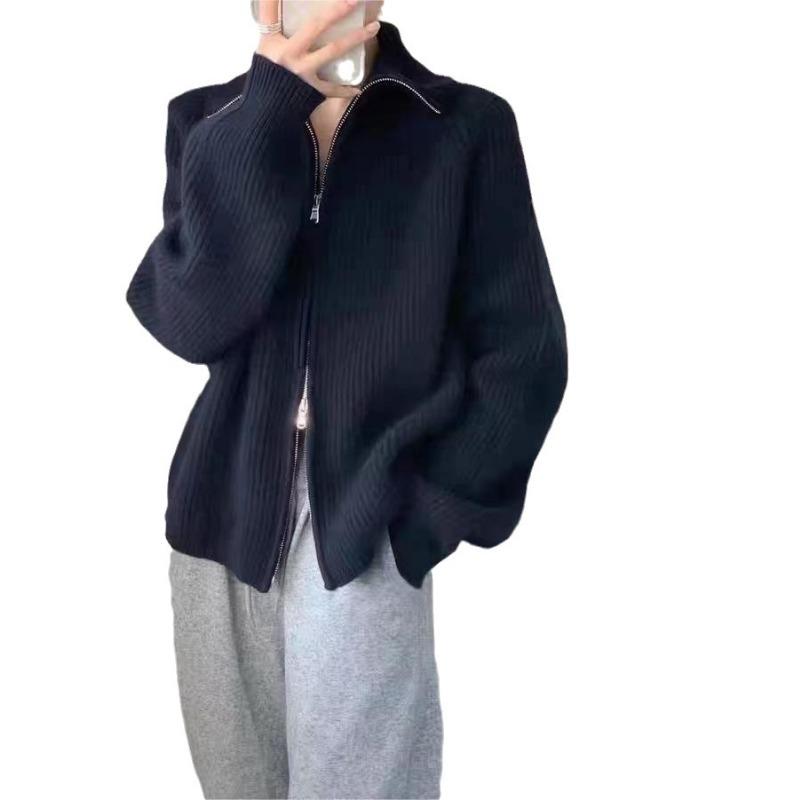 Solid color simple double zipper knitted cardigan top women's autumn and winter new loose lazy wind sweater jacket tide