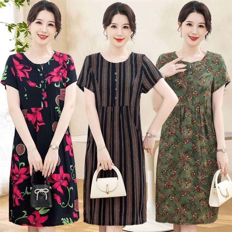 New Arrival Summer Cotton-Silk Knee-Length Loose Plus Size Short-Sleeved Dress for Mom
