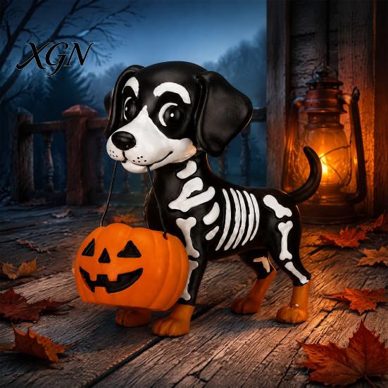 Milchtee Geist Geschenk Halloween Figur, Niedliche Lese Statue, Ornament mit Harz Sammlerstück Kürbis Eimer, Skelett Welpe Tischdeko