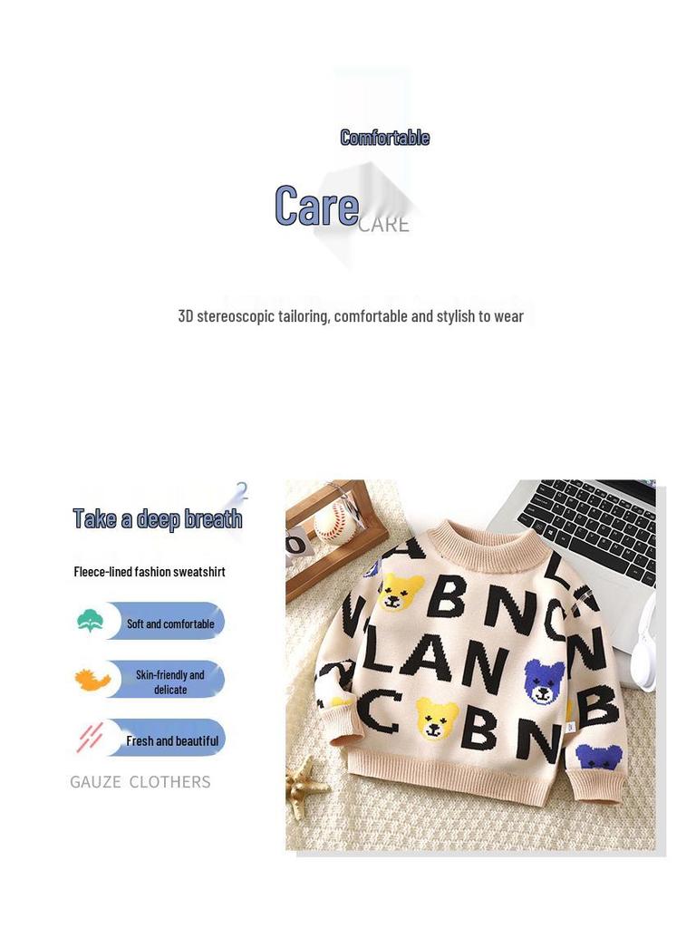 Pulover pentru copii cu căptușeală din fleece 2023: Confortabil, Tricot Gros, Mânecă Lungă Fără Oase pentru Băieți & Fete