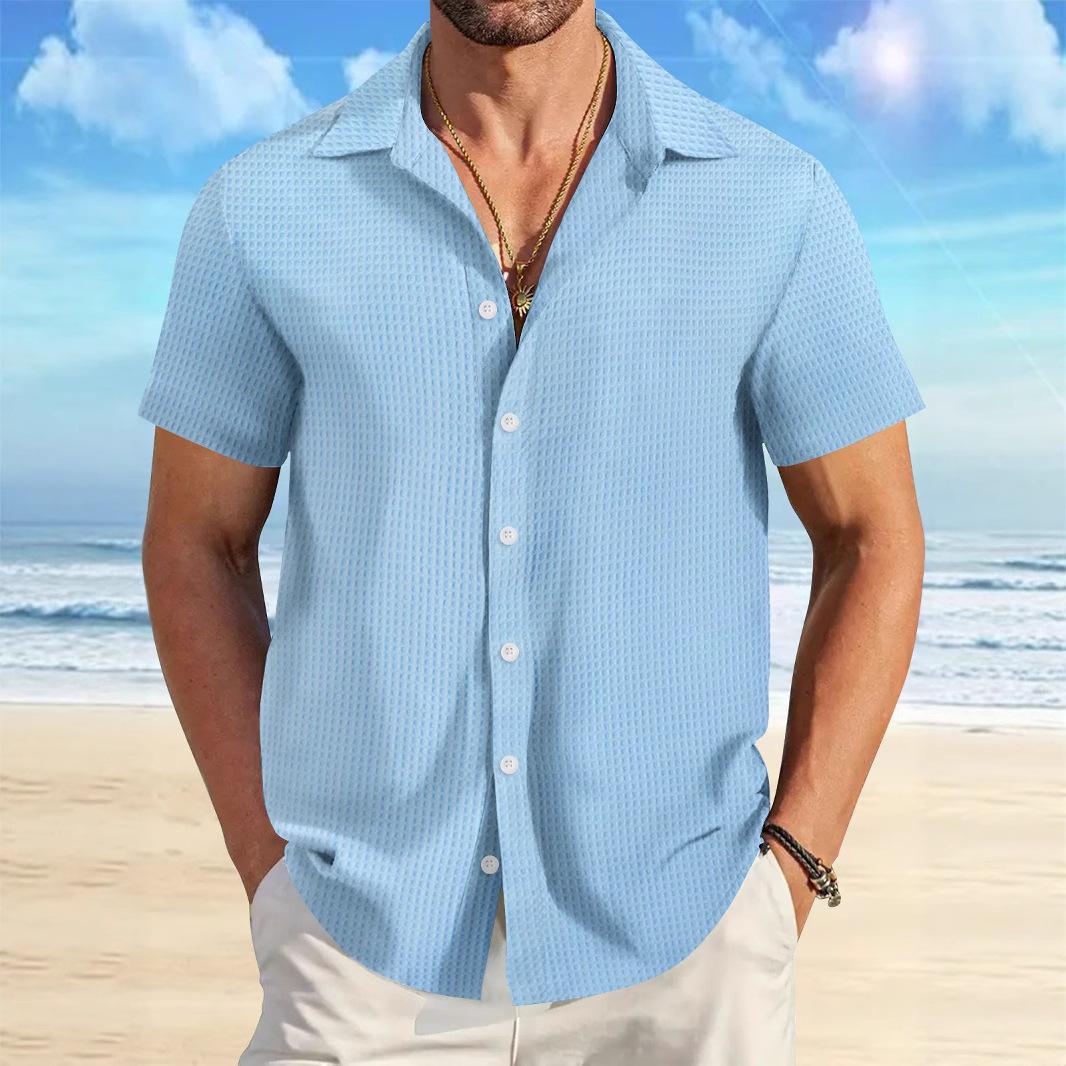 Fashion Shirt Men s Summer Men s Plaid Jacquard Office Loose Casual Shirt Short Sleeve S светло-синий