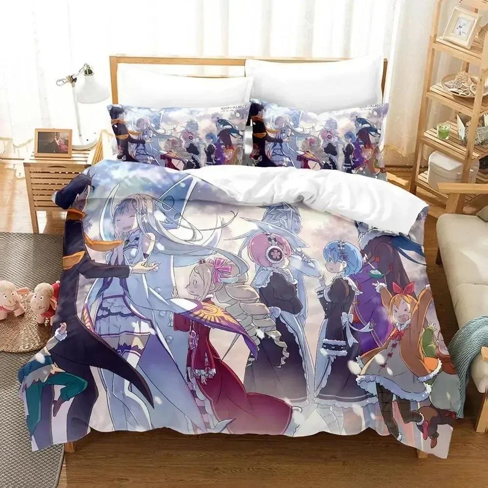 New Re Zero Rem Ram Bedding Set Cartoon Anime Three-piece Set Adult Kid Bedroom Duvet Cover Sets 3D Kawaii Girl Home Textile