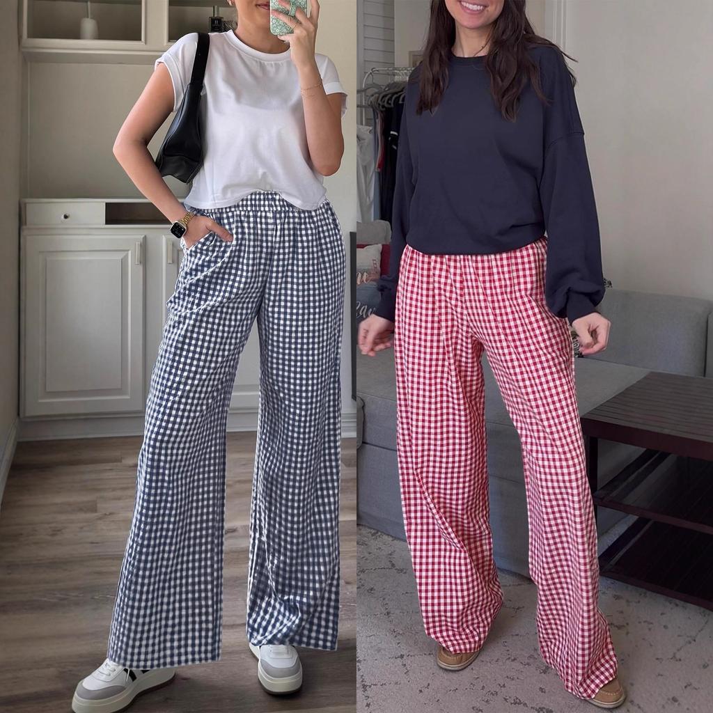 Women's High Waist Elastic Waistband Wide Leg Pants Multi Color and Pattern Plaid and Solid Options