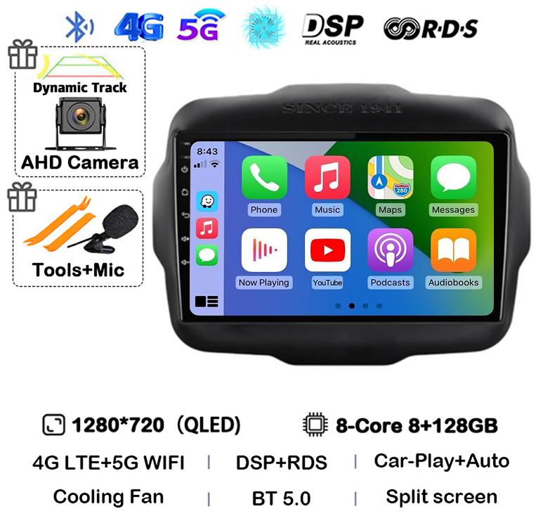 Android 14 Auto Carplay WIFI+4G LTE Car Radio For Jeep Renegade 2016 2017 2018 2019 2020 Multimedia Player GPS Stereo 360 Camera