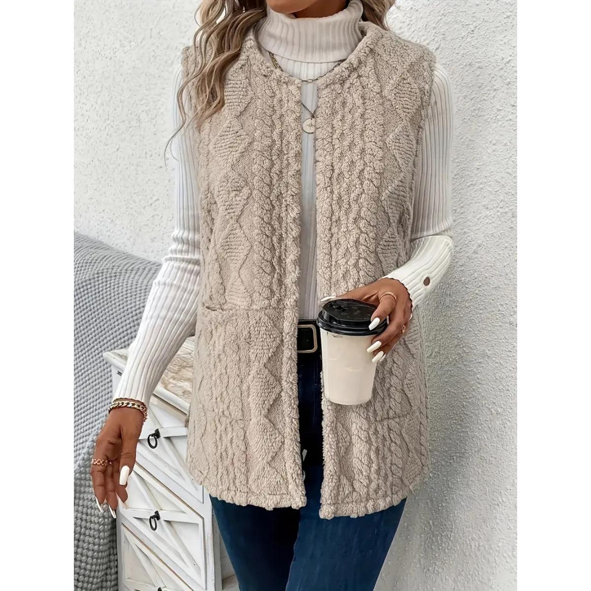 New Elegant Women s Faux Fur Teddy Vest Jacket Casual Sleeveless Outwear S хаки
