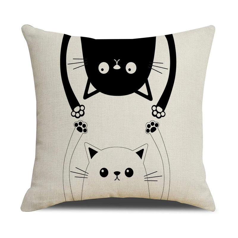 Black And White Cute Cat Printed Cushion Cover Home Decorative Sofa Pillow Covers Coffee Chair Throw Pillow Case Car Pillowcase