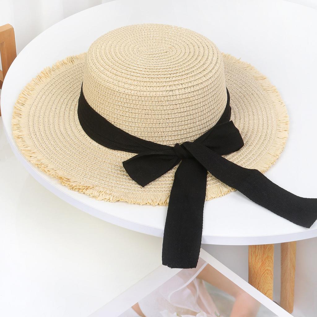 Lace Bow Straw Hat Women's Summer French Large Brim Sunscreen Hat Seaside Beach Vacation Sun Hat