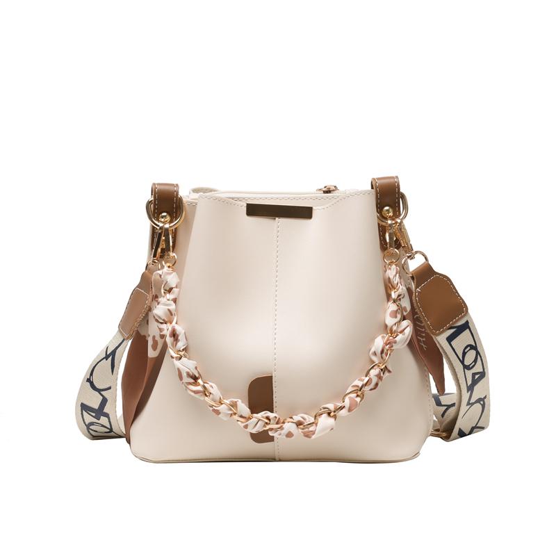 

Новинка в сумках-ведрах для женщин, брендовые кошельки и сумки, чистый цвет, шелковый шарф, декор, широкий ремень, большая вместимость, сумка через плечо 22x21x11cm