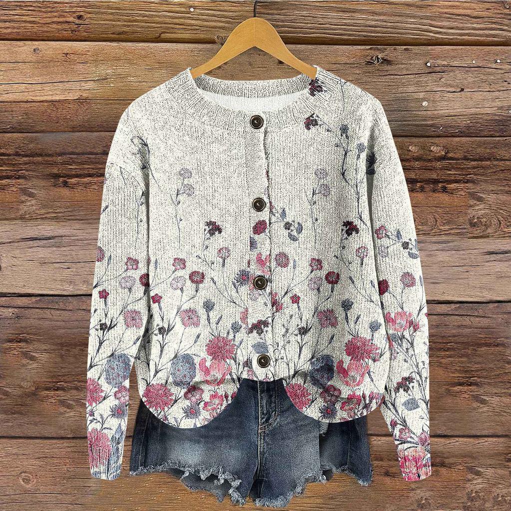 Women's Vintage Knit Button Vintage Floral Stripe Print Cardigan Jacket