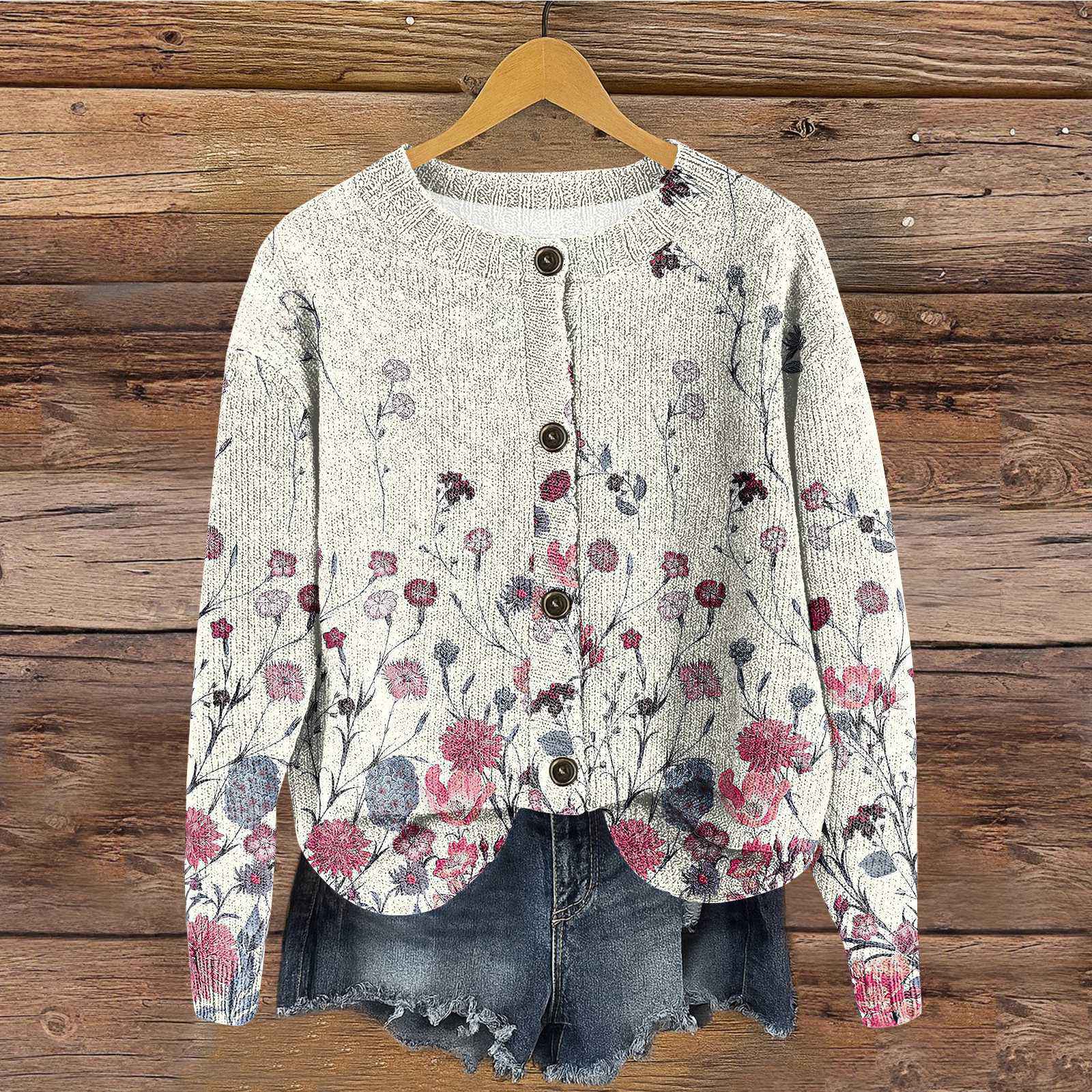 

Женский винтажный вязаный кардиган-жакет на пуговицах с винтажным цветочным принтом в полоску L белый