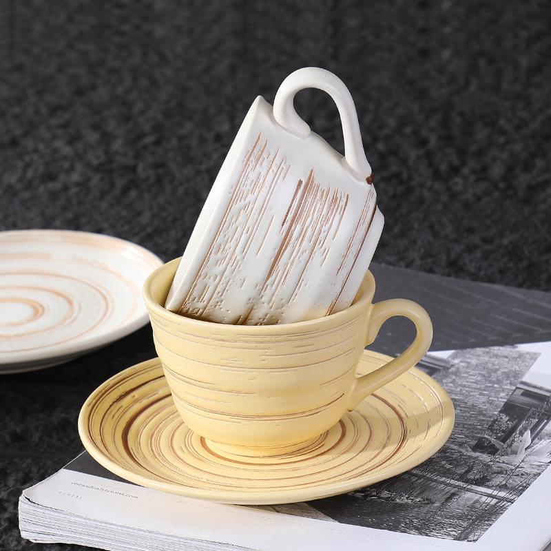 Embossed Ceramic Coffee Cup & Saucer with Brushed Texture - Perfect for Office and Tea Time