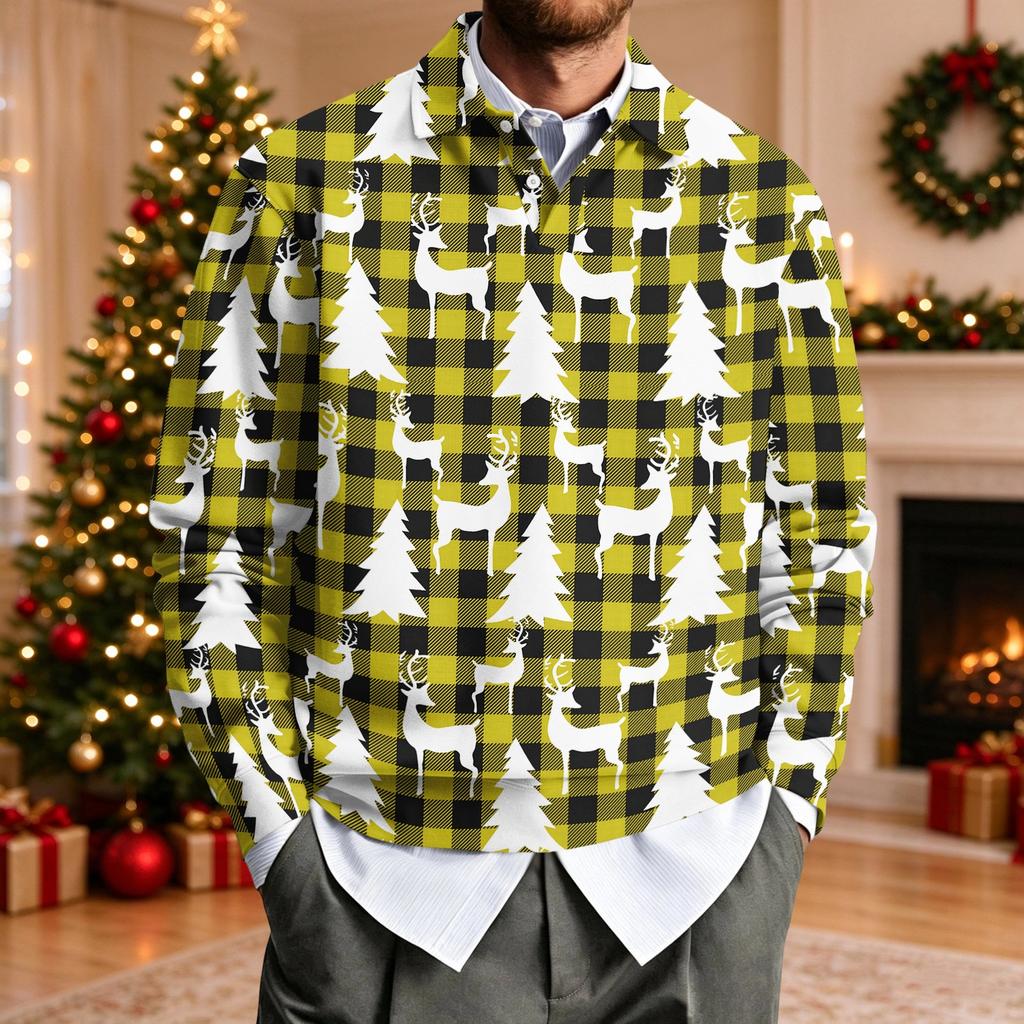 Men's Casual Loose Fit Long Sleeve Collared Shirt with Christmas Print for Holiday Parties