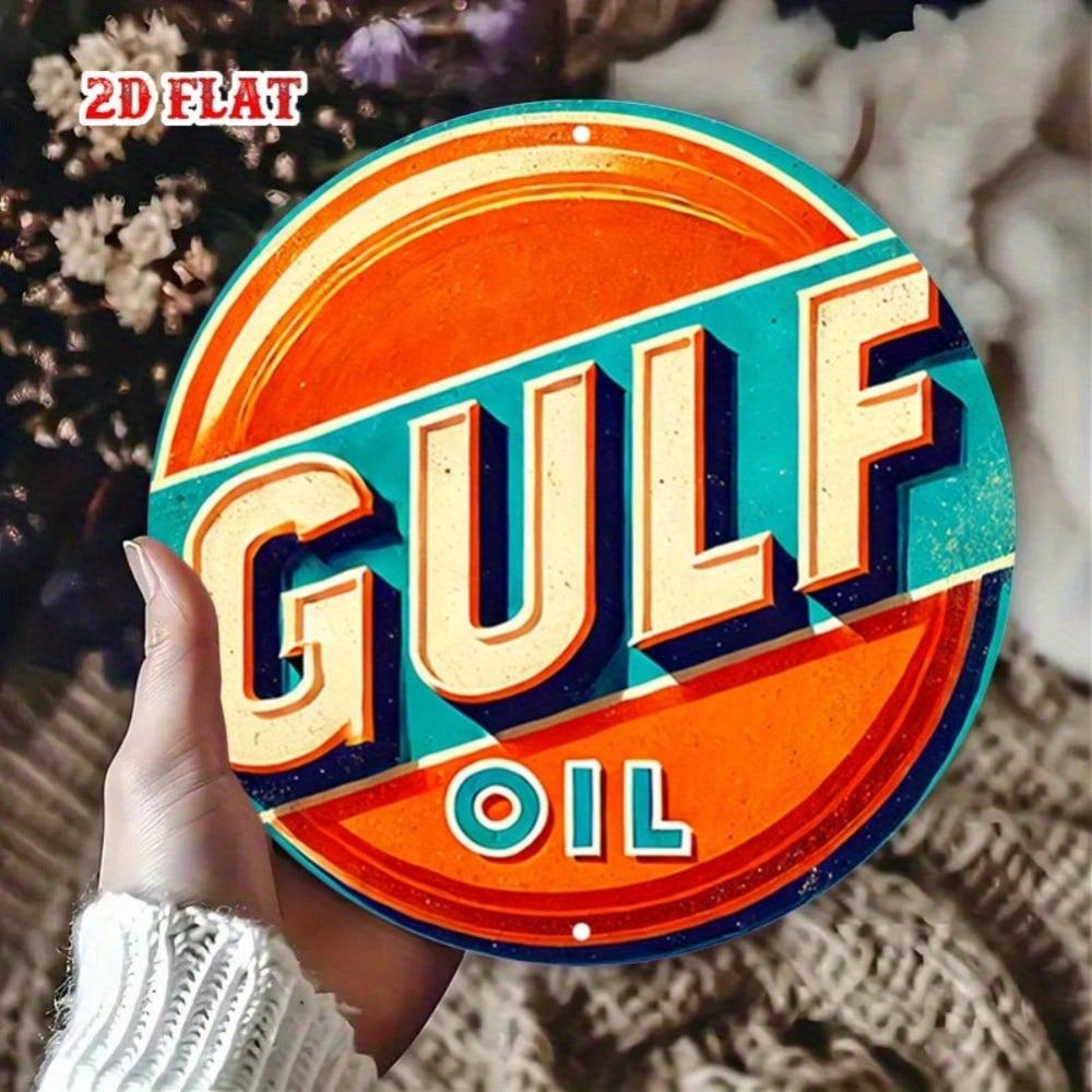 Vintage Metal Tin Sign Round Gulf Oil Brand Wall Art Garage Cafe Decor