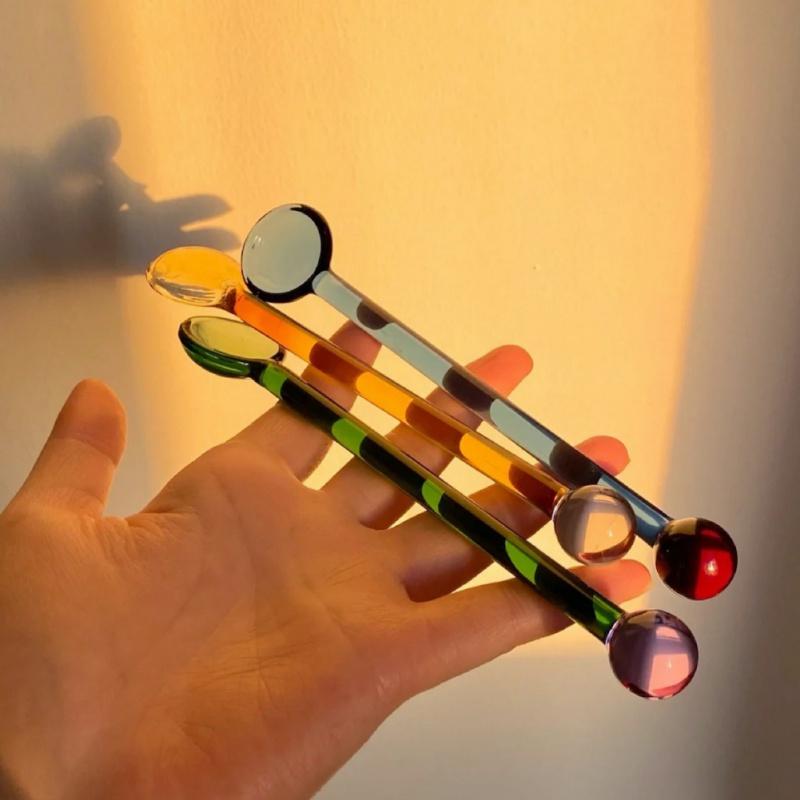 Colorful Clear Coffee Glass Cup Spoon Set Dessert Stirring Spoon Creative Milk Spoon Long Handle Kitchen Tableware Stirring Rod