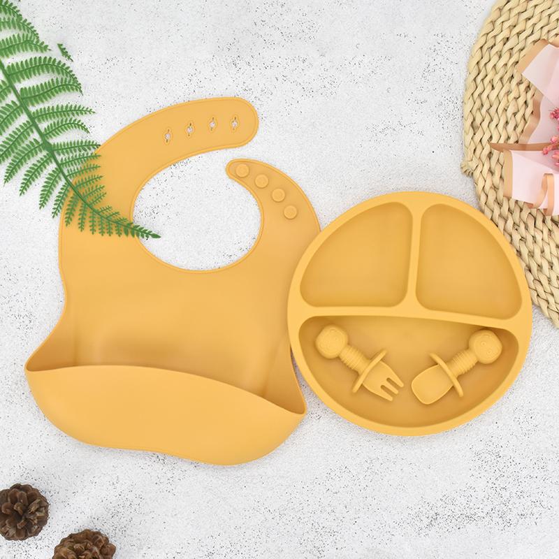 Baby-Fütterungsset aus Silikon, Babygeschirr, BPA-frei, leicht zu reinigen, Kindergeschirr, wasserdicht, Löffel und Lätzchen, Kinder-Trainingsset