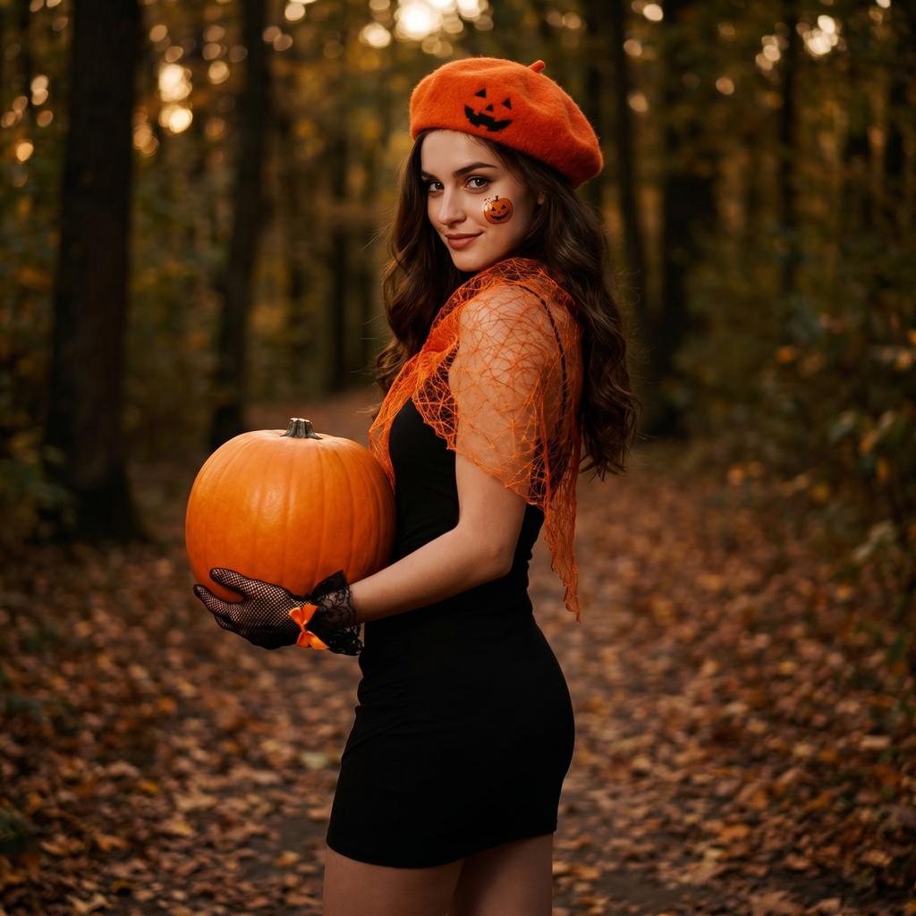 Halloween Pumpkin Themed Costume Set with Hat, Cape, Gloves and Stickers
