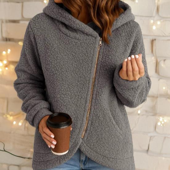 Women's Fleece Jacket Oblique Zip Up Long Sleeve Sherpa Coat Fuzzy Hooded Jacket