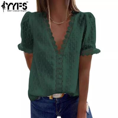 Women's Fashion Casual Summer Spring Solid Color Print Short Sleeve V-Neck Blouses & Shirts
