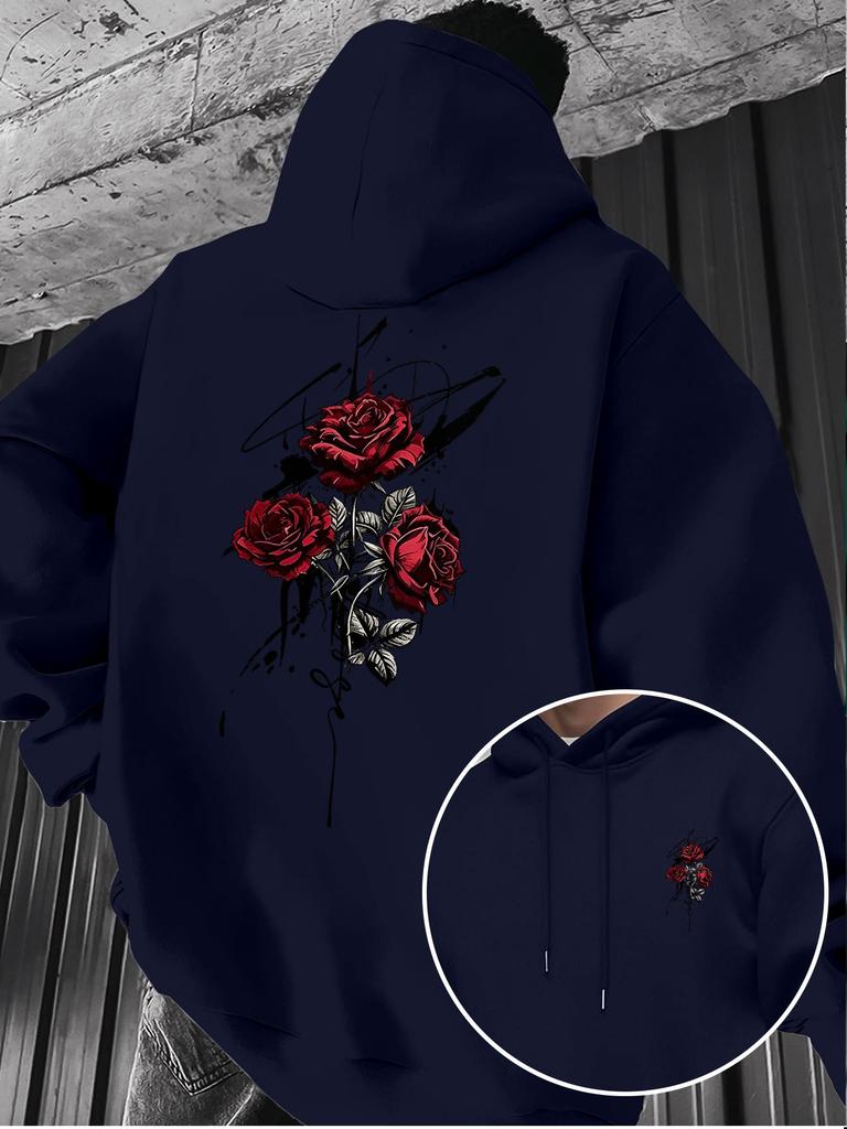 Retro Red Rose Splatter Art Print Hooded Sweatshirt for Men, High Street Niche Casual Pullover Long Sleeve Hoodie