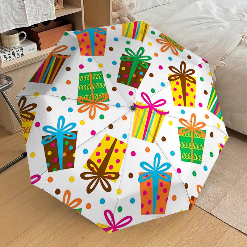 

1pc Gift Box Print Automatic Folding Umbrella, 8 Ribs Iron Frame, Suitable for Outdoor Travel and Daily Use yy251120222