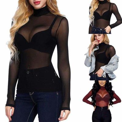 Womens See Through Long Sleeve High Neck Arm Shaper Top Mesh Blouse Casual T-Shirt