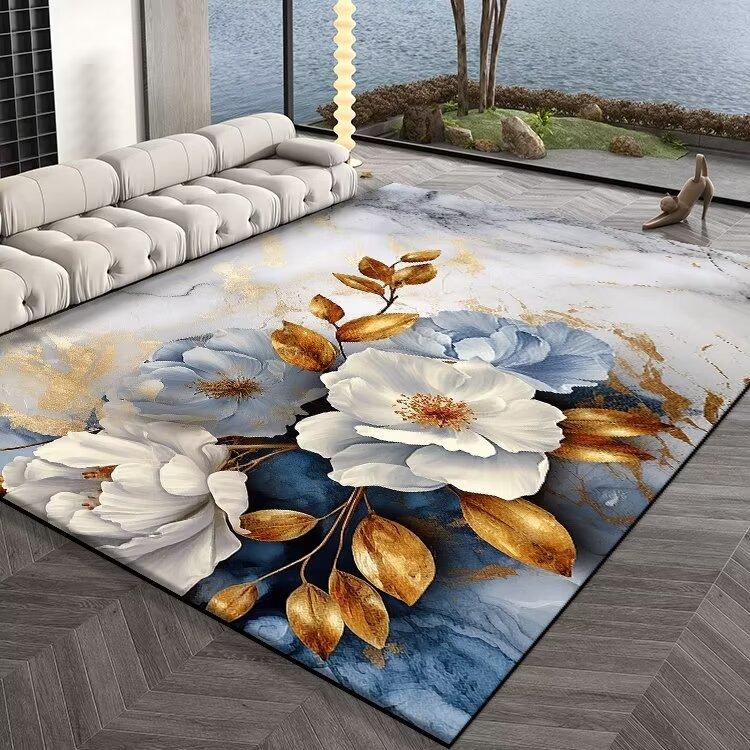 Luxury Dark Carpets for Living Room  Gold Flowers and Leaves Pattern Carpet Decoration Home Senior Mat