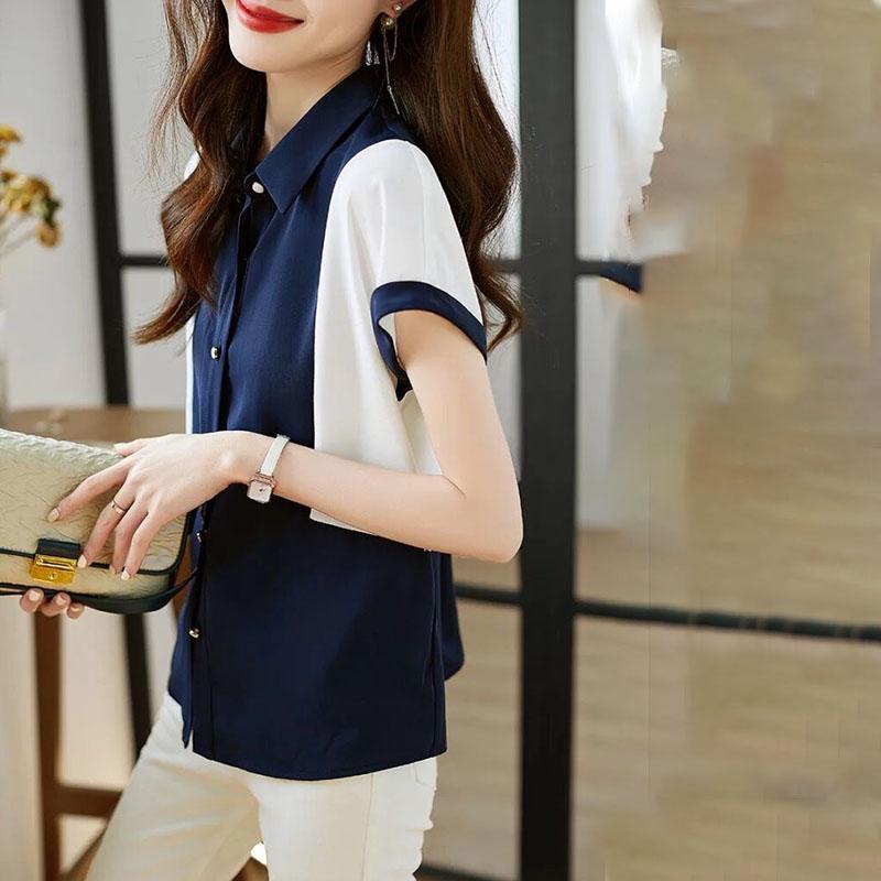 Elegant Women's Button Shirt Summer New Fashion Korean Contrasting Colors Spliced Polo-Neck Blouse Short Sleeve Female Clothing