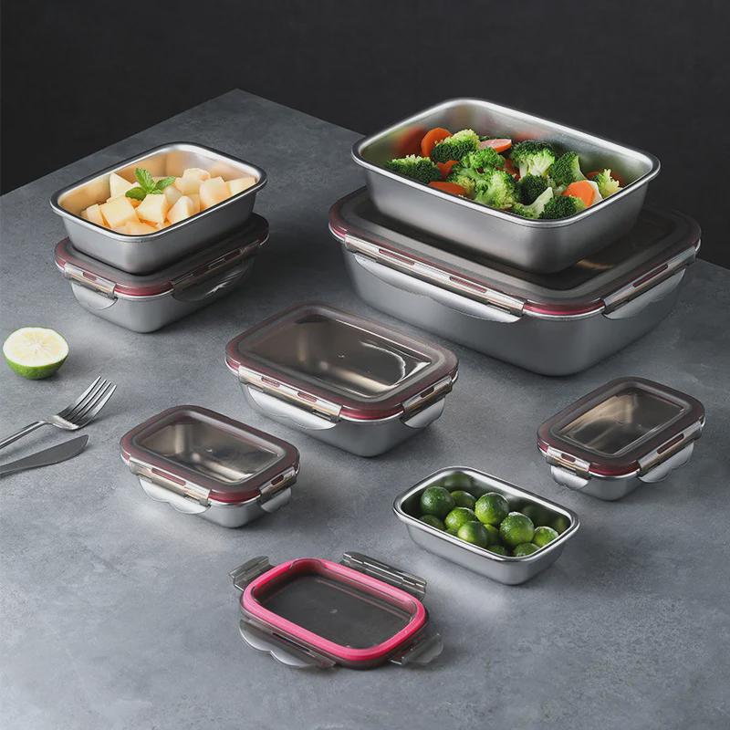 304 Stainless Steel Rectangular Fresh-Keeping Lunch Box with Lid for Kitchen Storage