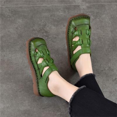 Retro Quadratische Zehenpartie Ausgeschnittene Sandalen aus echtem Leder Vielseitig Atmungsaktive Flache Damenschuhe
