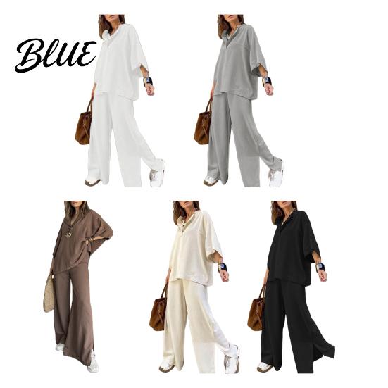 Comfortable Polyester Outfit Women's Two-Piece Oversized 3/4 Sleeve Pullover Top And Autumn Fashion Set Wide Leg Pants Fall Casual Loose Lounge