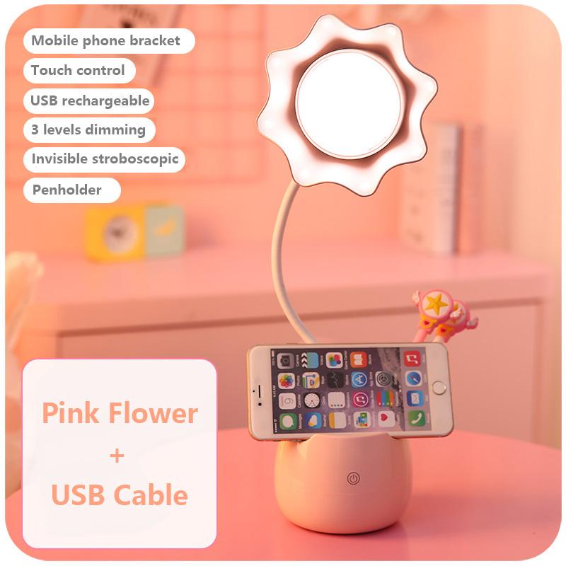 Lovely 3 Levels Dimmer Reading Table Lamp Pen Case Base Student LED Desk Lamp Girls Charge Bedside Lamp for Bedroom Studyroom