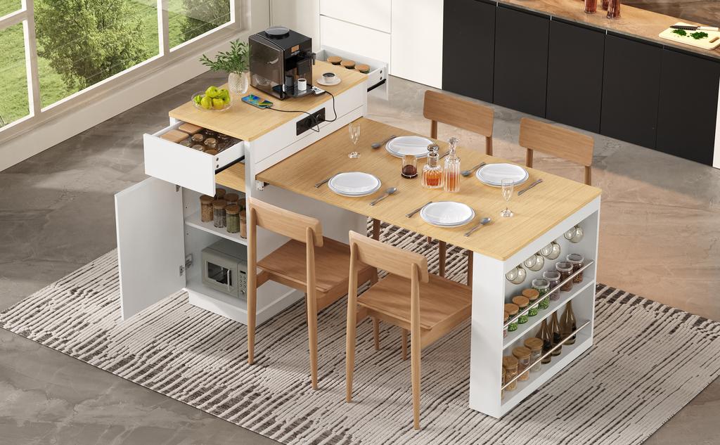 Kitchen Island with Casters, Extendable Dining Table with Foldable Tabletop, Power Strips and Hooks, Sideboard or Bar Table for Dining Room (White)
