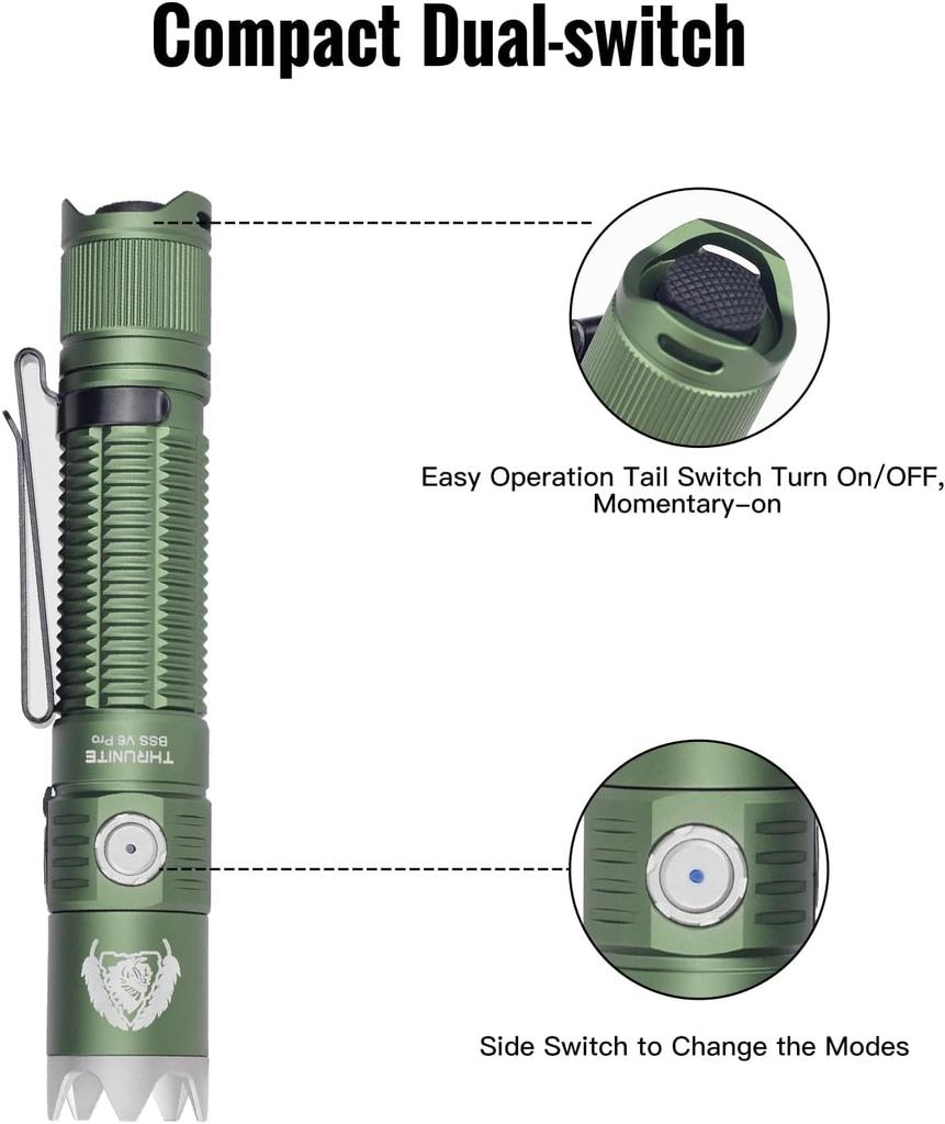 ThruNite BSS V6 Pro Tactical Flashlight, USB-C Rechargeable, Up To 1705 Lumens, 6 Lighting Modes, Dual Switch (Dark Green, CW)