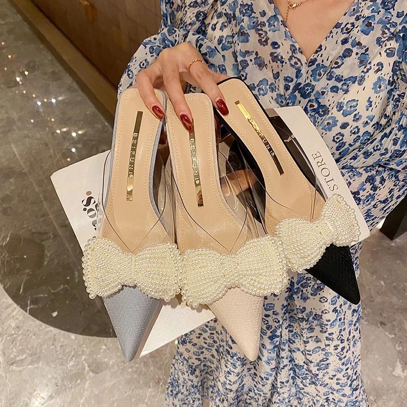 New Woman Trend Transparent High Heels for Women Pointed Toe Heeled Sandals Fashion Bow Slingbacks Pumps Ladies Stiletto Shoes