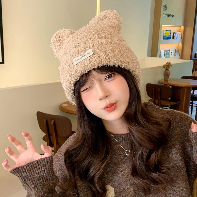 Autumn and Winter Hat Female Cute Bear Plush Hat Winter Warm Ear Protection Hat Knitted Wool Hat