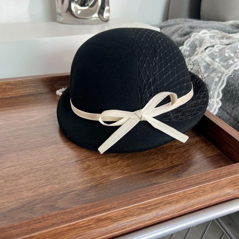 1pc Wool Beret Silk and Linen Bow Small Brim Mesh Top Hat Versatile Socialite Painter Hat