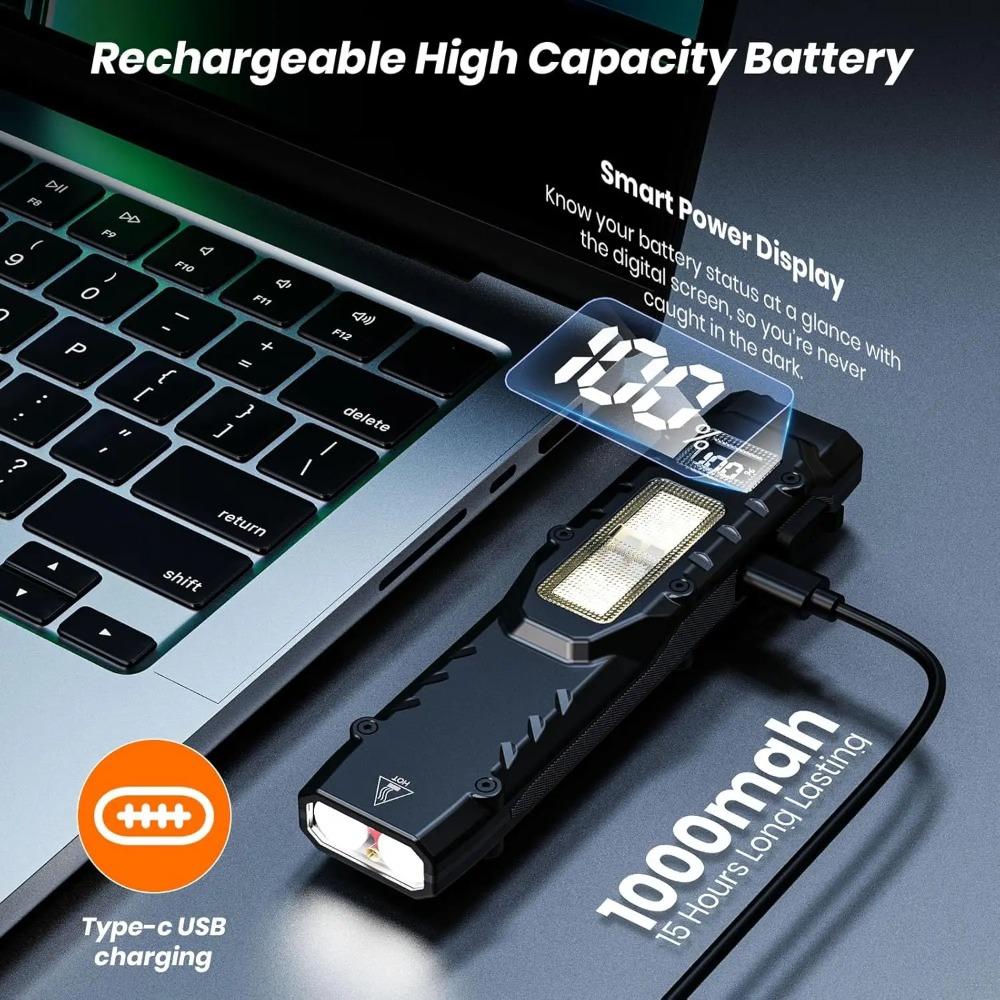 eDC flashlight,rechargeable lED flat flashlight w/Clip & digital display,Pocket flashlight for camping emergency