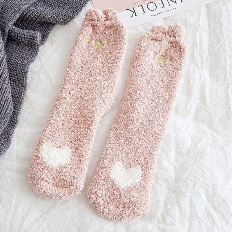 Fluffy Women's Coral Fleece Mid-Calf Socks – Thick, Lined, Cozy Floor Socks for Autumn & Winter