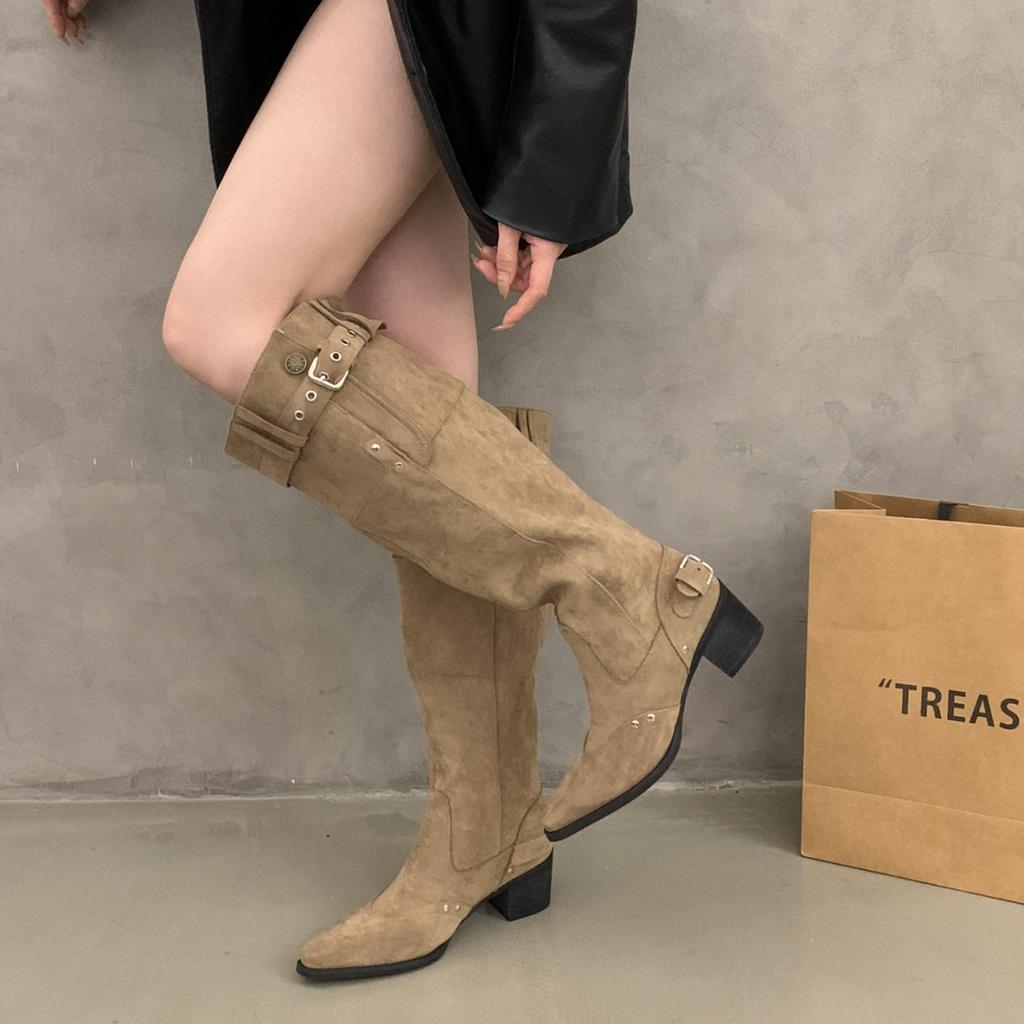 Retro Vacation Style Western Boots Women's Imitation Leather Thick Heel Knight Boots Belt Buckle Pointed Temperament Stacking Boots