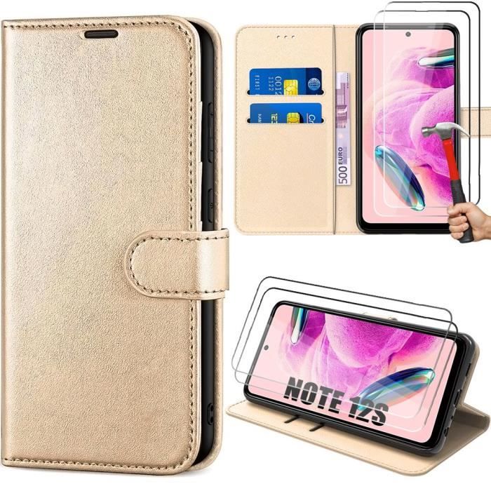 Coque + 2 Verres Trempés pour Xiaomi Redmi Note 12S, Etui Antichoc en Effec Cuir avec Porte-cartes Doré (pas pour Redmi Note 12)