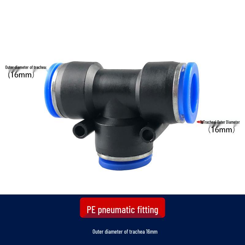 T-Type Pneumatic Hose Quick Connector, Push-in, PE Plastic, Sizes 4-16mm