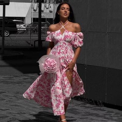 Off-the-shoulder Floral Dress, European and American Summer New Short-sleeved Lace-up Dress, Printed Split-ended Dress
