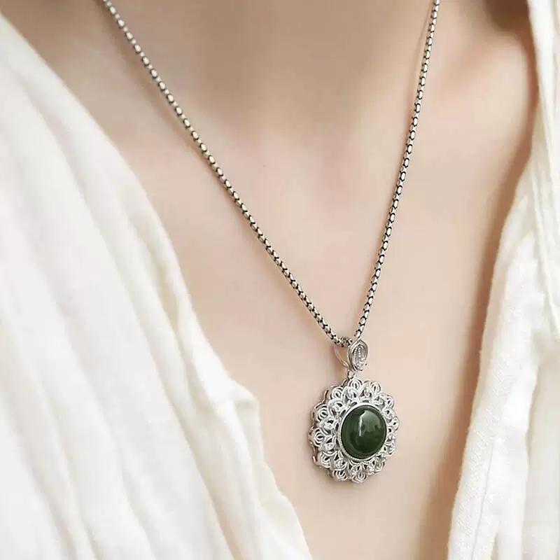 925 silver new Chinese sunflower Hetian egg surface hollow pendant necklace female retro national style niche design versatile